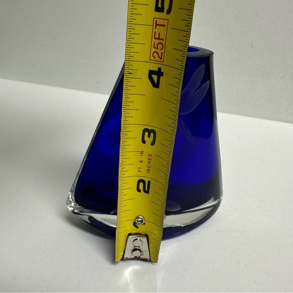 Art Glass Tapered Rocking Vase Cobalt Blue Midcentury Modern Etched EUC - Picture 4 of 6